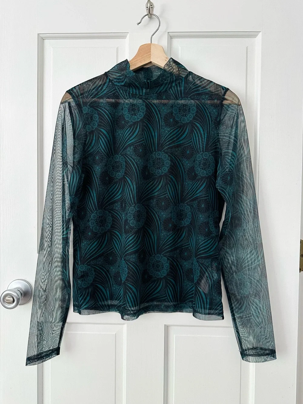 Anthropologie Gauzy Turtleneck Sheer Mesh Teal Green Black Floral Size M